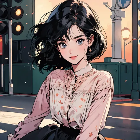 whole body、Kind Face、1 pretty woman、4k、Pattern、blouse、skirt、pedestrian crossing、Signal 、intersection、Complex background、Detailed Hair、smile、Black Hair、Short Hair、Faint lighting