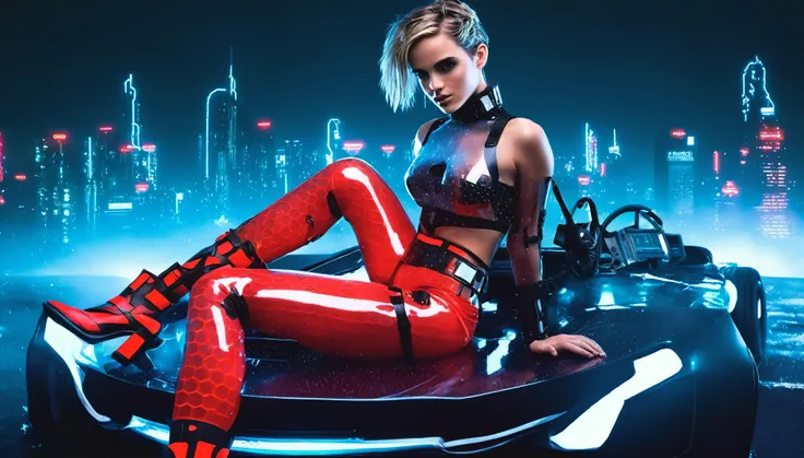 a female hacker sitting on the hood of a futuristic car in a cyberpunk metropolis at night, (heavy rain:1.0), facing the viewer,...