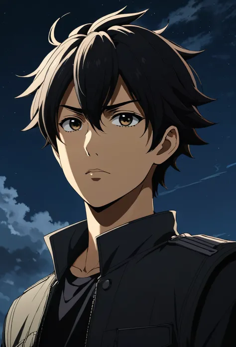 Desenhe um personagem de anime jovem moreno com cabelos curtos e espetados, vestindo um sobretudo preto, standing against a dark background, with a serious expression and looking at the sky 