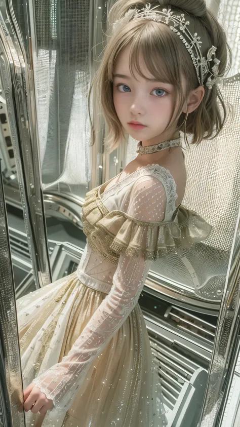 ((Fantastic space)), ((Very detailed, 8K, highest quality)), (16 year old beautiful girl), Baby Face, floating, (Detailed eyes and small face:1.2), (Detailed hands:1.2), (Little girl&#39;s small hand:1.2), (Sexy clothes:1.4), (Slender body line), (Soft Lig...