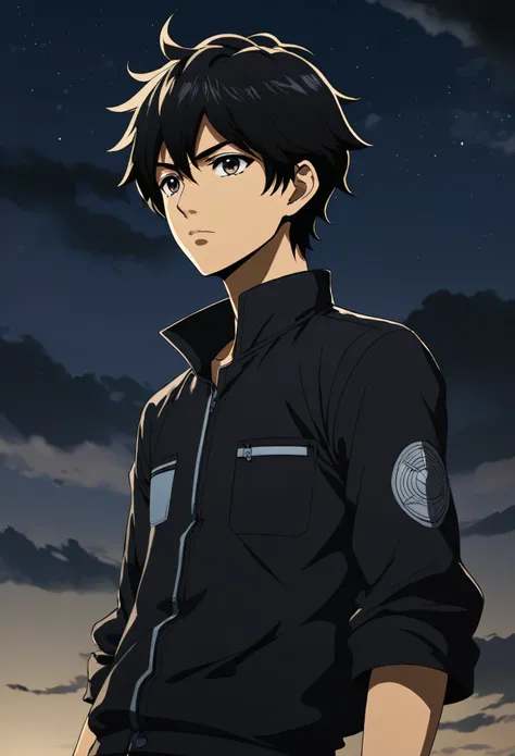 Desenhe um personagem de anime jovem moreno com cabelos curtos e espetados, vestindo um sobretudo preto, standing against a dark background, with a serious expression and looking at the sky 