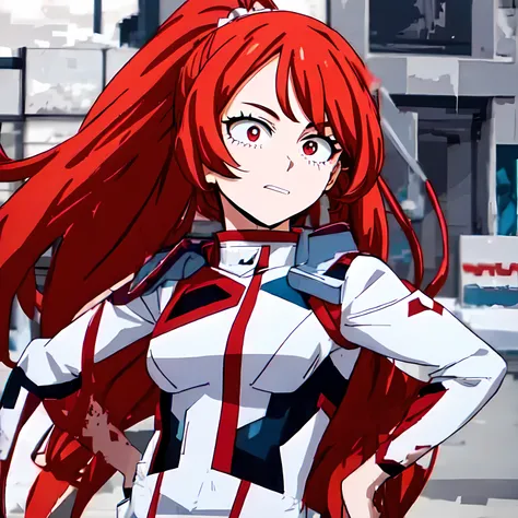 a girl with red hair Ponytail in the hero uniform anime icon 