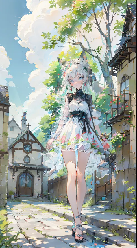 (Masterpiece, highest quality: 1.1), Ghibli style, solo, full body, standing pose with arms outstretched, cat ears, landscape, summer landscape, clouds, heroine, high heels, long hair, green hair, blue eyes, pink eyes, sparkling jewel-like eyes, long eyela...