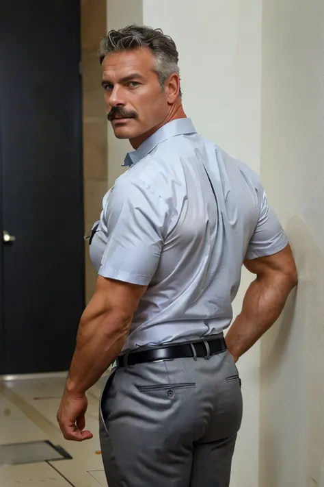 age 60, white man police detective with a mature, backside, kind demeanor, strong and muscular yet chubby build, mustache, weari...