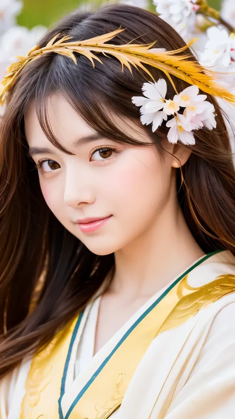 Love God（Beautiful girl、slightly drooping eyes、Healthy Skin、Full body portrait、Draw a heart with hands）、Photorealistic。Delicate and beautiful。Perfect Face。highest quality。High resolution。shrine。Golden Feather Robe。Worship。cherry blossoms。