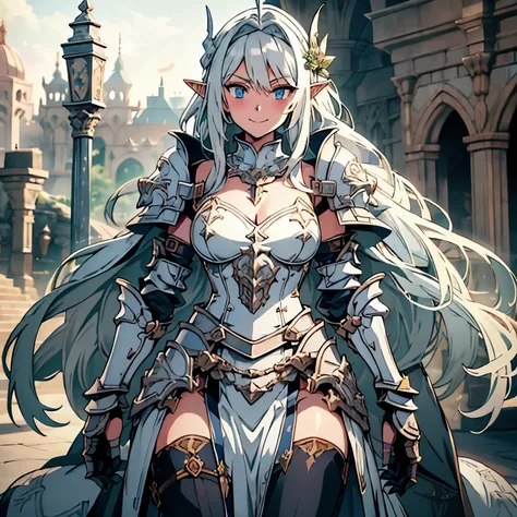 castle, medieval background, smile, Smiling, solo, battle stance, 1girl, soft smile, slender figure, slim, young girl, short height, full cheeks, skinny, short height, Sexy, Beautiful composition, beatiful face, handsome body (Body Full 1.1.), Beautiful fi...
