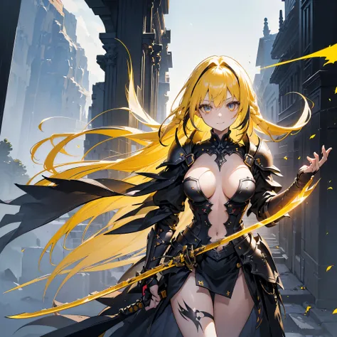 ((Fantasy　Yellow Hair　Long Hair　black　Covered in scars　one person　Lonely　Open chest armor　Large Breasts))　((night　Western style　old　Shining Aura))　(Dance　Large sword　blackい剣　Holding the Sword　Hold with both hands)　moon　star　Draw your sword　Slashing　Catch t...