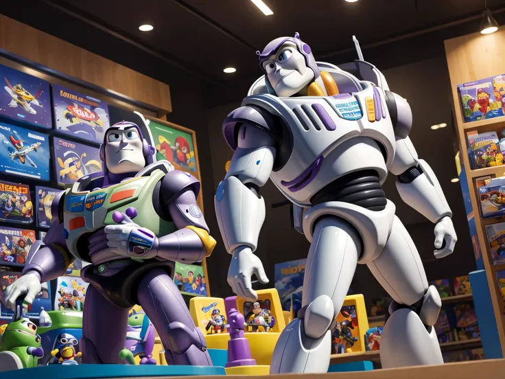 (masterpiece, best quality), best resolution, buzz lightyear toy display, toy store, wide shot