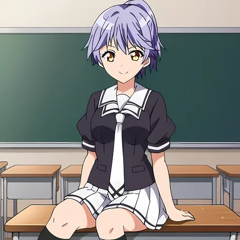  source_anime,
short hair, yellow eyes, purple hair Ponytail,
skirt, , necktie, serafuku, socks, kneehighs, skirt, white skirt, pleated skirt, black shirt,
indoors, classroom, sitting, smile,
solo icon 