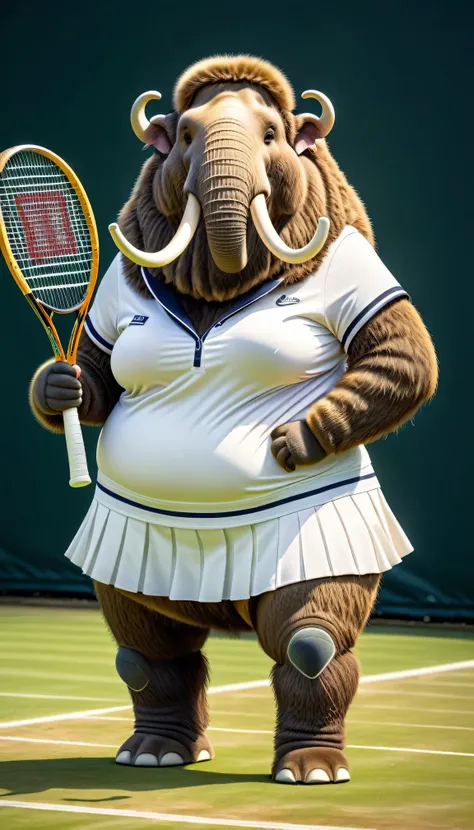 photorealistic portrait of Dressed animals - a (fat) mammoth tennis player,(hand on hip:1.5),(happy smile),(furry), high quality,(lovely) ,intricate details, highly detailed (female tennis wear), holding tennis racket,　grass tennis court background, (happy...