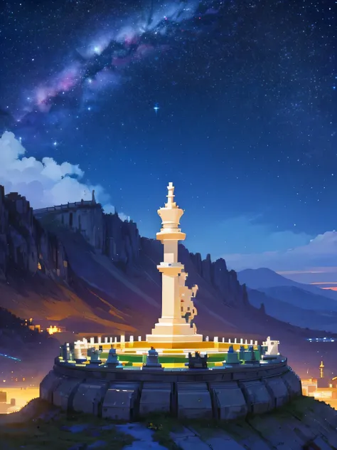 (PIXEL ART) beautifully detailed CHESS PIECE, BEAUTIFUL LANDSCAPE IN BACKGROUND NIGHT STARS