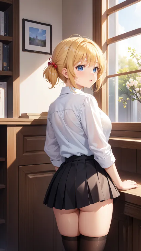 1girl, natural lighting, masterpiece, highly detailed, illustration, game CG, absurdres, high quality, kinomoto sakura, (18 year old girl), medium breasts, beautiful detailed eyes, glossy lips, natural lighting, blonde hair, blue eyes, school, white shirt,...