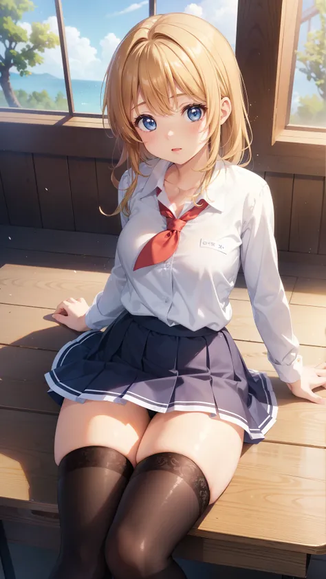 1girl, natural lighting, masterpiece, highly detailed, illustration, game CG, absurdres, high quality, kinomoto sakura, (18 year old girl), medium breasts, beautiful detailed eyes, glossy lips, natural lighting, medium fluffy blonde hair, messy hair, blue ...