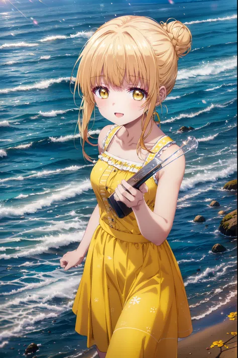 mahirushiina, Mahiru shiina, Long Hair, bangs, Blonde Hair, Brown Hair, (Yellow Eyes:1.3), happy smile, smile, Open your mouth,smile,Black jacket,Hair Bun, double  Hair Bun,Yellow sleeveless dress,Yellow long skirt､barefoot,Strolling on the sandy beach,Tru...