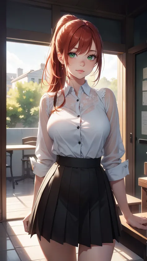 1girl, natural lighting, masterpiece, highly detailed, illustration, game CG, absurdres, high quality, beautiful detailed eyes, glossy lips, natural lighting, medium breasts, redhead, ponytail, bangs, green eyes, freckles, white shirt, standing, school, pl...