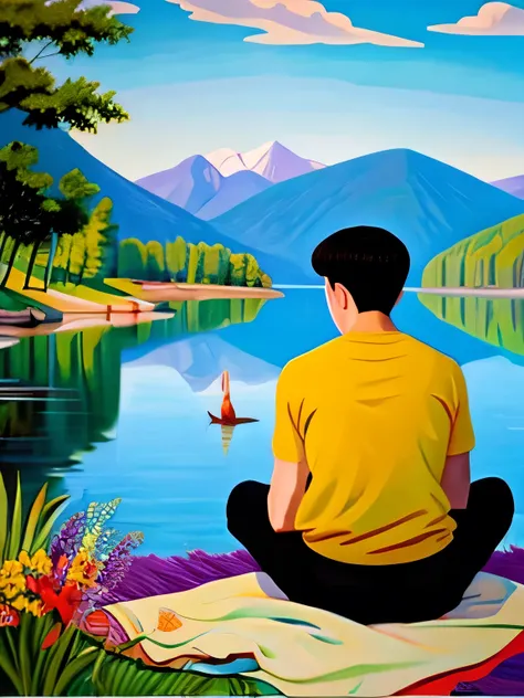 Produce a painting of a young man meditating by a lake in the style of Pablo Picasso.