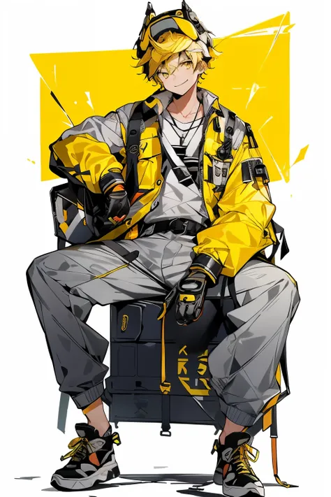 ((chibi, cute)) solo, looking_at_viewer, smile, yellow_hair, simple_background, shirt, yellow_eyes, hat, gloves, 1boy, sitting, ...