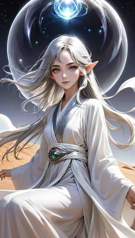 masterpiece、peerless、single、1 person、Beauty、like々Young teenager、Elven Wizard、slim、Elegance、Long silver hair、Swirling grey pupils、Luminous floating sphere、White silk robe、Detailed robe、Relaxing in solitude、Desert detailed background。The wizard in his intric...