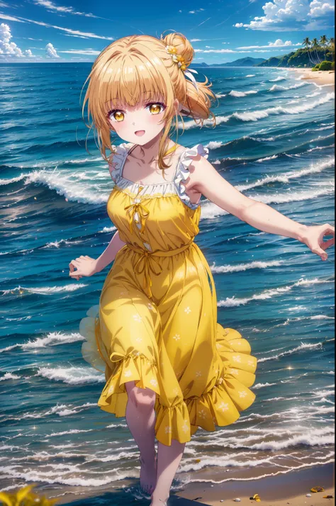 mahirushiina, Mahiru shiina, Long Hair, bangs, Blonde Hair, Brown Hair, (Yellow Eyes:1.3), happy smile, smile, Open your mouth,smile,Black jacket,Hair Bun, double  Hair Bun,Yellow sleeveless dress,Yellow long skirt､barefoot,Strolling on the sandy beach,Tru...