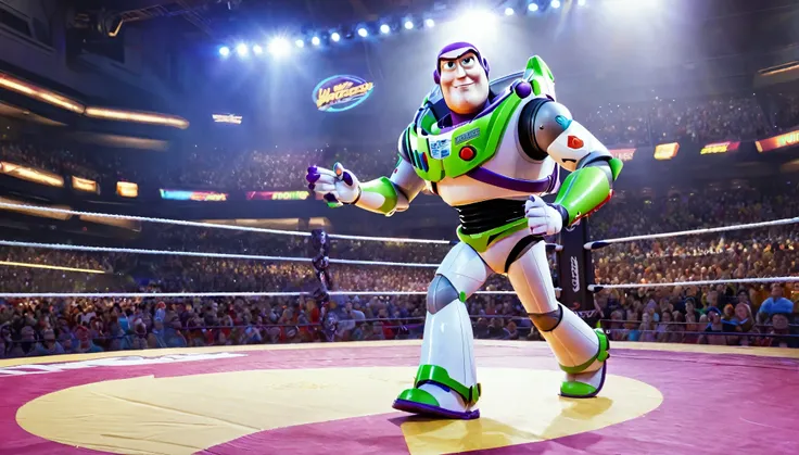 ((Buzz Lightyear)), (wrestling), action, powerful, dynamic, (game), (ring), Showdown, (live-action), masterpiece, UHD