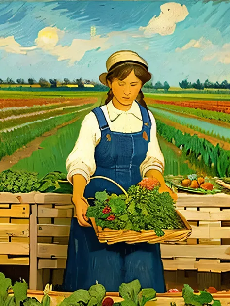 Generate a painting of a woman harvesting vegetables on a farm in the style of Vincent van Gogh.