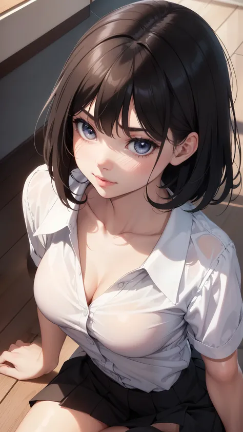 1girl, natural lighting, masterpiece, highly detailed, illustration, game CG, absurdres, high quality, beautiful detailed eyes, glossy lips, natural lighting, small breasts, short black hair, bangs, light smile, (very cute face), white shirt, collarbone, b...