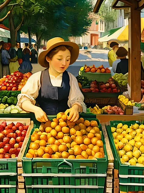 Produce a painting of a woman picking fruit at the market in the style of Vincent van Gogh.