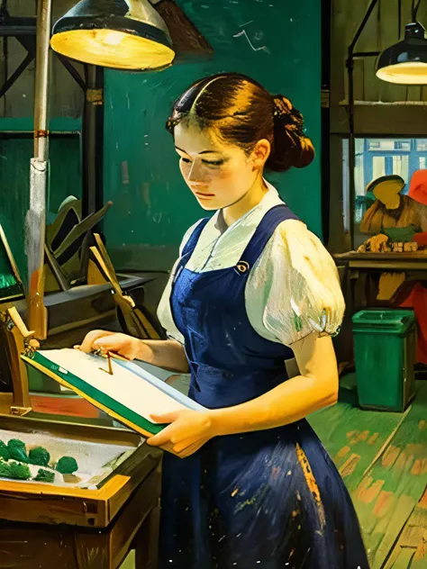 Produce a painting of a woman working in a factory in the style of Vincent van Gogh.