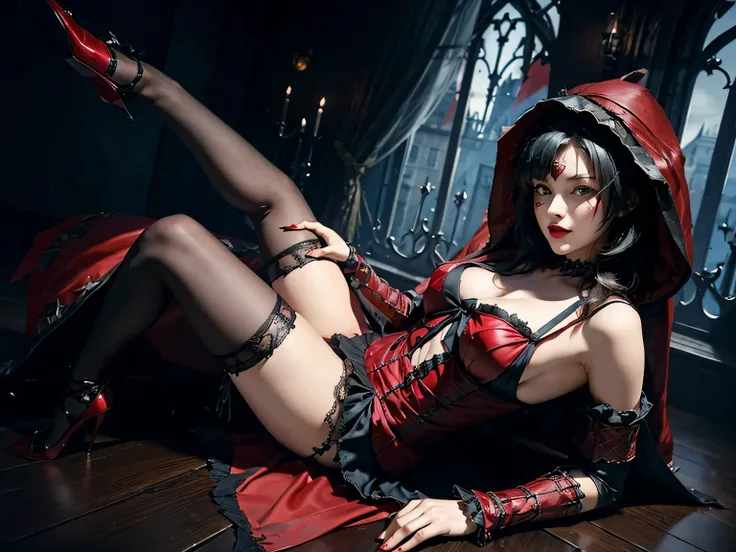 Gothic Punk、(((Little Red Riding Hood)))、gypsy、Crystal Jade、skirt、High heels、garter belt、Beautiful feet、Beautiful Legs、Lying down、Temptation Pose、Sexy pose、Sexy look、Blue Eyes、Red lips、Full screen、mask