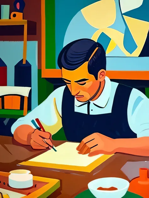 Produce a painting of a man working in a factory in the style of Pablo Picasso.