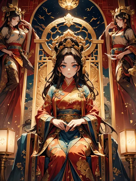 beautiful detailed eyes, beautiful detailed lips, extremely detailed eyes and face, long eyelashes, 1 emperor sitting on the throne in the main hall of an ancient Chinese palace high up in the clouds, surrounded by concubines and artisans kneeling before h...