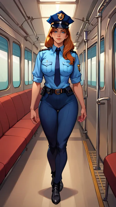 score_9, score_8_up, score_7_up, BREAK extremely detailed, 2d, solo, police woman,  police uniform, tight dark pants, button shirt, very fit, perfect round  breasts, thick legs, (smile:0.5), indoors, inside luxury train, facing viewer, frontal image. Train...