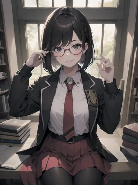 Masterpiece, high quality, high quality, super detailed, 1 girl, solo, looking directly up at viewer, smiling, priss skirt, dark hair, sitting, uniform, lips parted, tie, glasses, black tights, indoor, dark eyes, coat, book, cosplay, window, red skirt, bob...