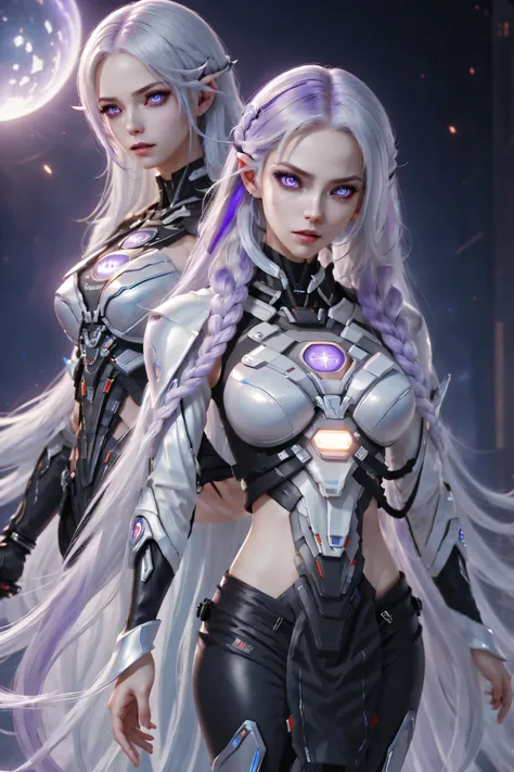 (two cyborg girls standing back-to-back looking at the viewer), yinji, purple hair, purple eyes, long hair, white hair, double b...