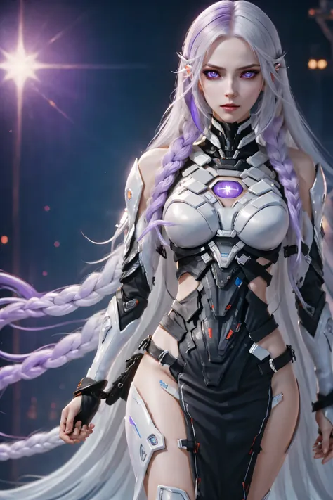 (two cyborg girls standing back-to-back looking at the viewer), yinji, purple hair, purple eyes, long hair, white hair, double b...