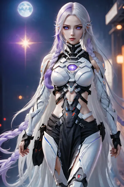 (two cyborg girls standing back-to-back looking at the viewer), yinji, purple hair, purple eyes, long hair, white hair, double b...