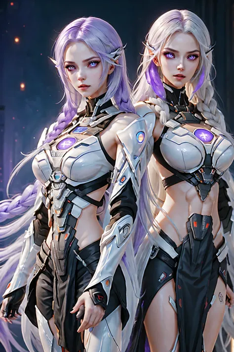 (two cyborg girls standing back-to-back looking at the viewer), yinji, purple hair, purple eyes, long hair, white hair, double b...