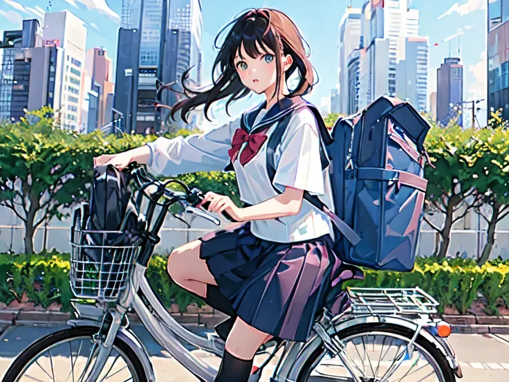 (masterpiece, highest quality:1.2), reality、(one girl riding a bicycle), alone、high school girl、uniform、(no bags)、(whole)、(from ...