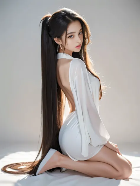 　(Upper Body Shot:1.1)　(She is in a random standing pose, showing off her back and hair to the viewer, in a room with white walls and white decor)　((highest quality)), ((masterpiece)), (Familiar), (Get used to it)　(Reaches up to the kneeVery long hair　high...