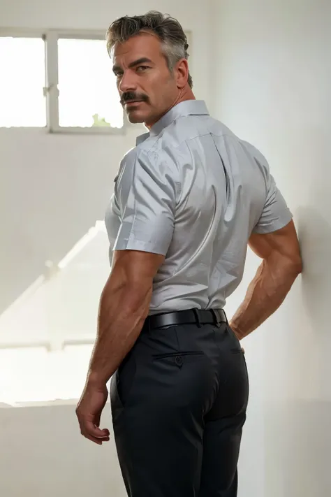 age 60, white man police detective with a mature, backside, kind demeanor, strong and muscular yet chubby build, mustache, wearing dress pants and a buttoned-open translucent shirt that reveals a hairy chest and a noticeable bulge, wearing detective badge ...
