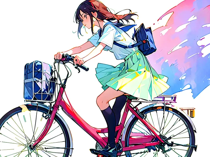 (masterpiece, highest quality:1.2), Reality、(One girl riding a bicycle), alone、high school girl、uniform、(no bags)、(whole)、(From diagonally ahead)、(Blank background)、(White background)、Watercolor style