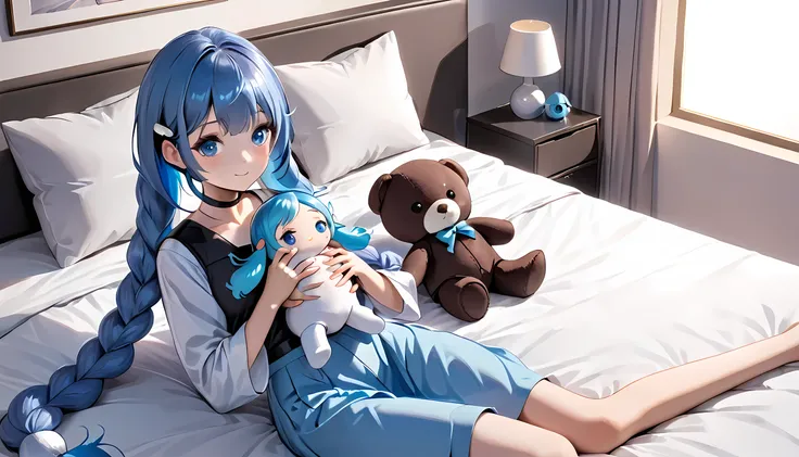 one,Holding a blue hair doll,Sitting on the bed