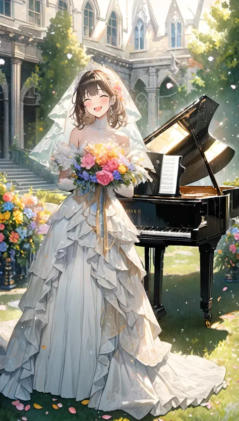 fusion of oil painting and watercolor painting, best quality, super fine, 16k, incredibly absurdres, extremely detailed, delicate and dynamic, beautiful cute woman, happy, smile, shy, lovely wedding dress and veil with frills and lace, bouquet toss, colorf...