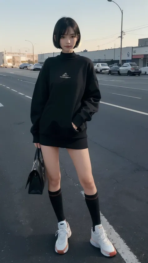 (((Backwards:2.0))), (((Backwards:2.0, Standing posture:1.5))), (((Clothing:2.0, Knee-length sweatshirt:2.0, Knee-high socks:1.8, sneakers:1.5))), (Street Corner:1.5), ((A grin:1.3, Short Hair:1.2, slender:1.5, Small Ass:1.5)), ((Japanese, 1 Girl, 18-year-...