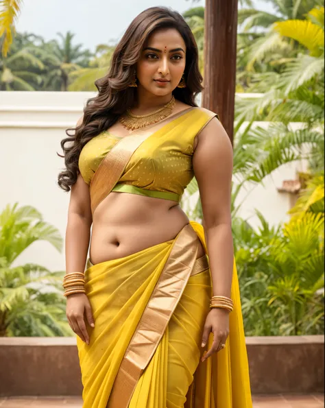 Foto RAW, photorealistic, photography, full body shot, master shot, perfect eyes, goddess like beauty, pierced eyes, perfect thick chubby mallu Desi aunty bhabhi, Wearing a Stanapatta, a chest-band.Saree model, model Photography, Indian saree shoot, Indian...