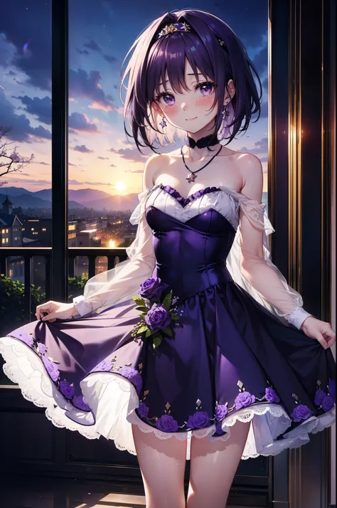 yuukikonno, yuki konno,black hair,short hair,bob hair ,green headband,(purple eyes:1.5), (small breasts:1.2), smile,purple dress...