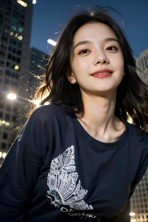 (8K, Ultra realistic, masterpiece, realistic lighting), 21 years old girl, messy hair, smile, big eyes, oversize sweatshirt, skyscraper background, night, from below shot 