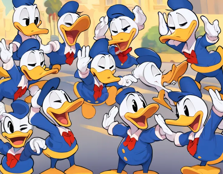 best quality, masterpiece, Donald Duck family parade, various expressions, joy, anger, sadness, happiness, cute, super deformed, funny, furry, fluffy