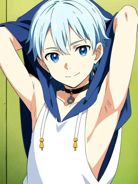 Highres, Masterpiece, Best quality at best,Best Quality,hight quality, hight detailed, 1boy, Shota, Solo, Cute boy, White hair, Blue eye, Torso, Sleeveless hoodie, Smile, Choker (Very young boy), (Very small and short body), 12-year-old boys, (Showing armp...