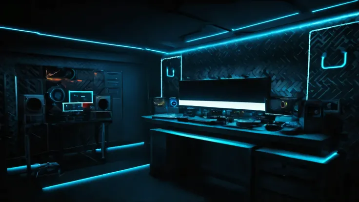 Modern dark closeup gamer room background with neons and computers